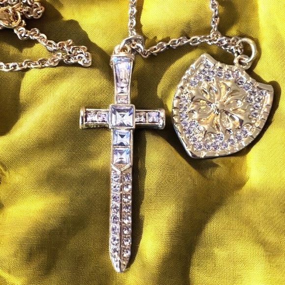 Sparkling Gold Toned Cross Sword Necklace with Shield DND Paladin - Picture 6 of 17